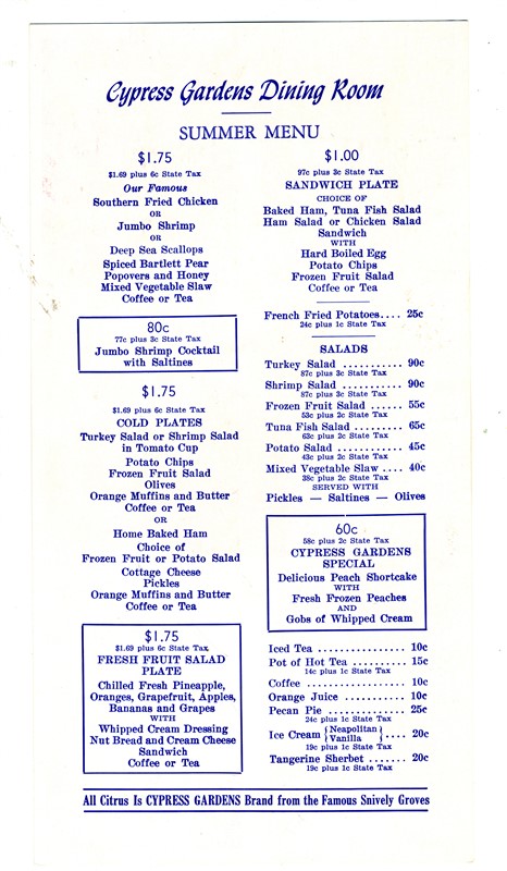 Cypress Gardens Palm Terrace Dining Room Menu Winter Haven Florida ... Cypress Gardens Palm Terrace Dining Room Menu Winter Haven Florida ...