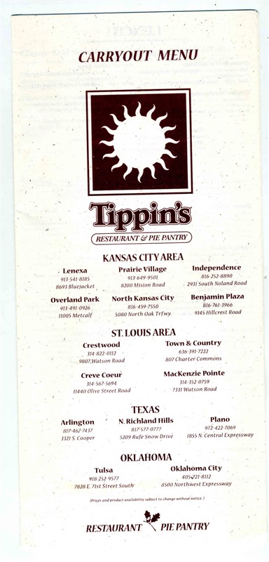 Tippin S Restaurant And Pie Pantry Menu And Pie Cheesecake Menu