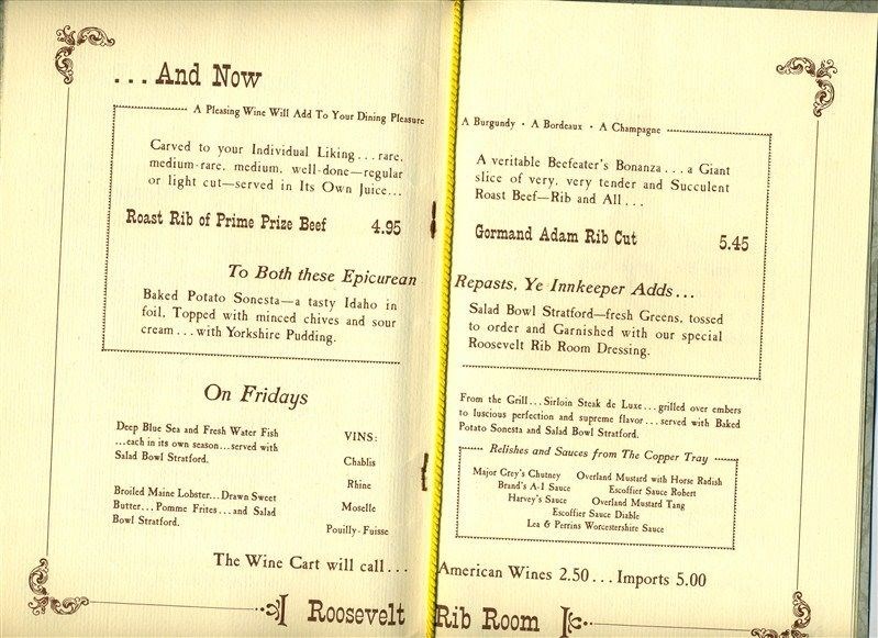 Details About Roosevelt Hotel Rib Room Menu New York City Beefeater