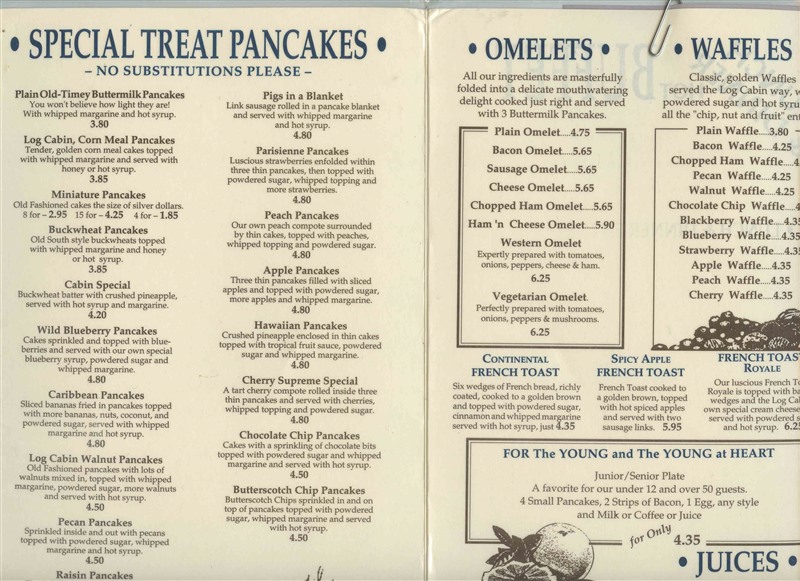 Log Cabin Pancake House Menu Business Card Pigeon Forge