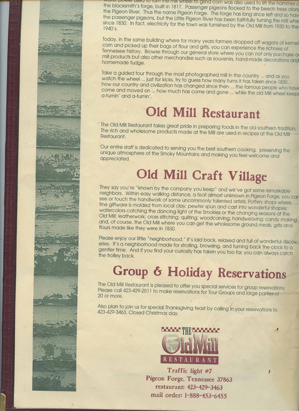 The Old Mill Restaurant Menu Traffic Light 7 Pigeon