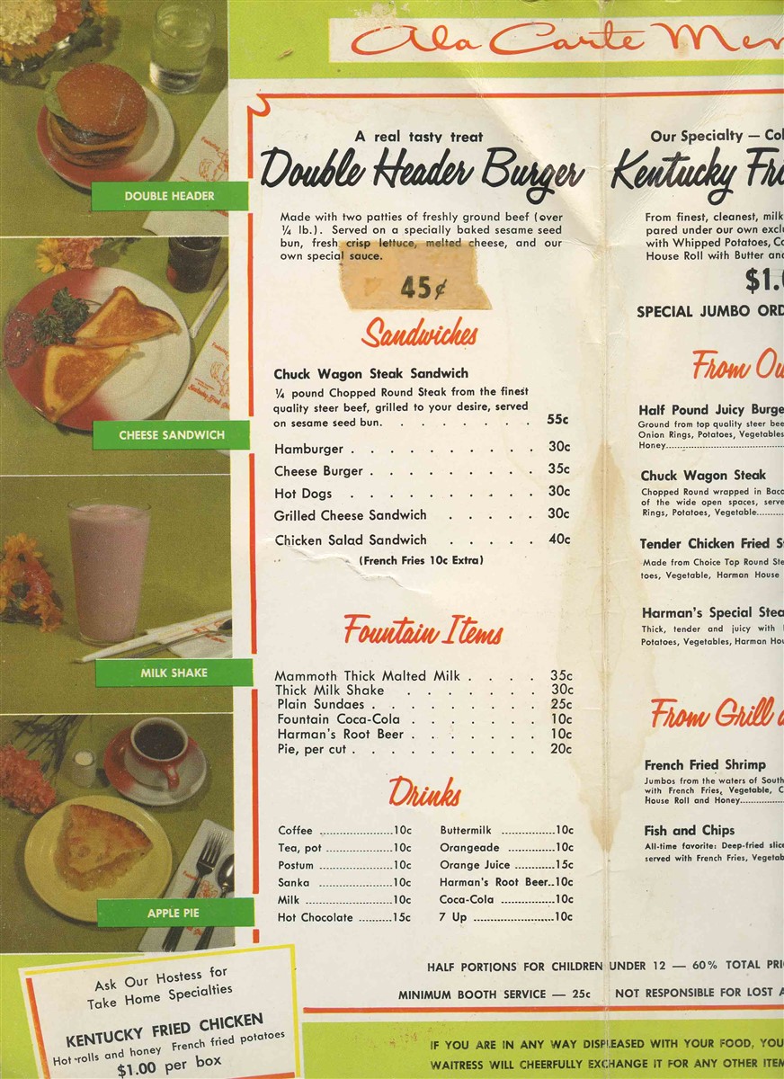 Harman Cafe Colonel Sanders Menu Salt Lake City Kentucky Fried Chicken