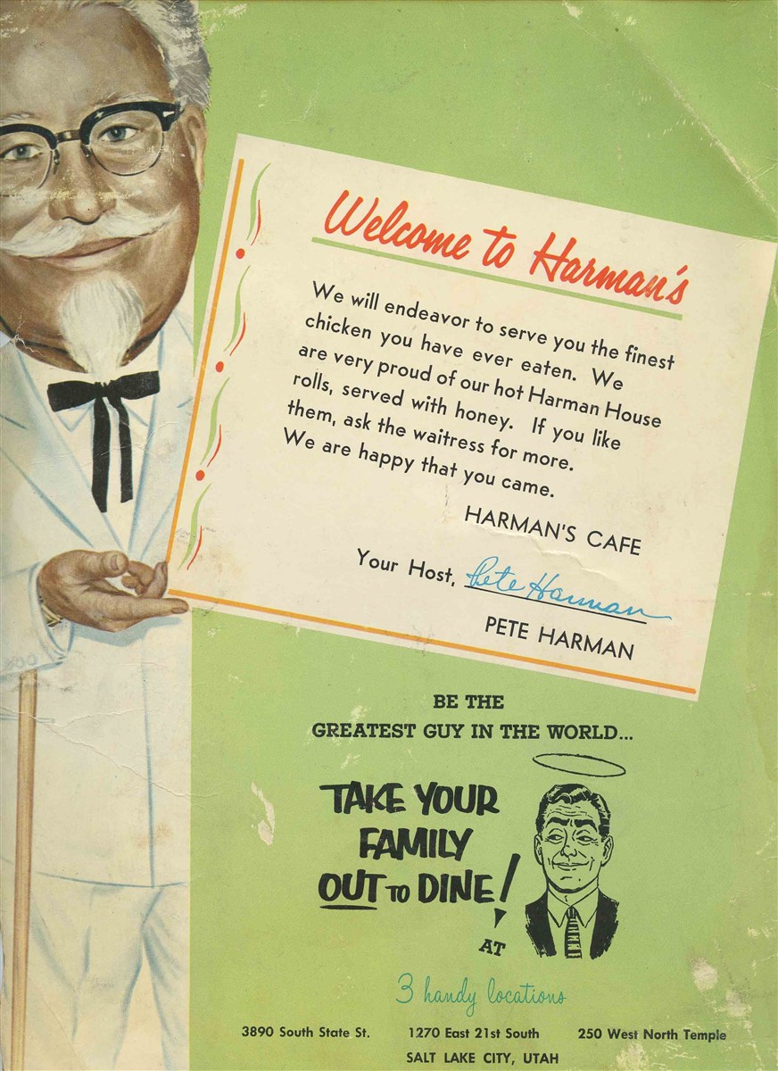 Harman Cafe Colonel Sanders Menu Salt Lake City Kentucky Fried Chicken