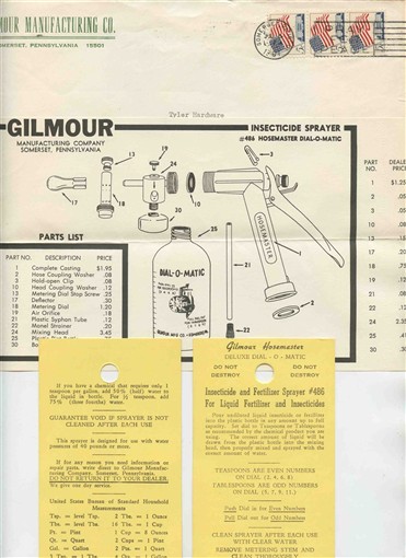 Gilmour Manufacturing Co Insecticide Sprayer Parts Diagrams & Pricing & Cards