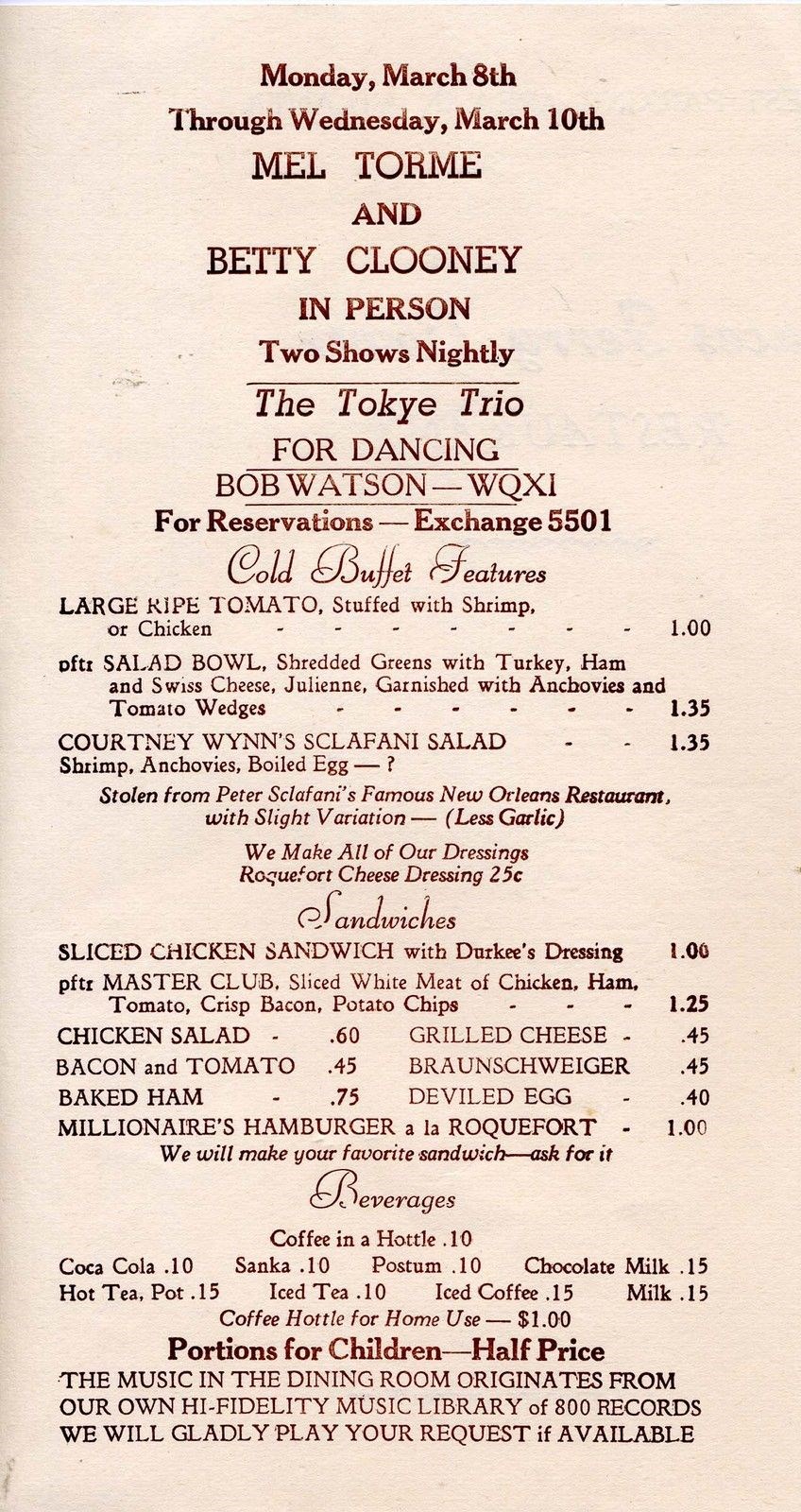 Paces Ferry Tower Restaurant Menu Atlanta Georgia 1954 Mel Torme Paces Ferry Tower Restaurant Menu Atlanta Georgia 1954 Mel Torme