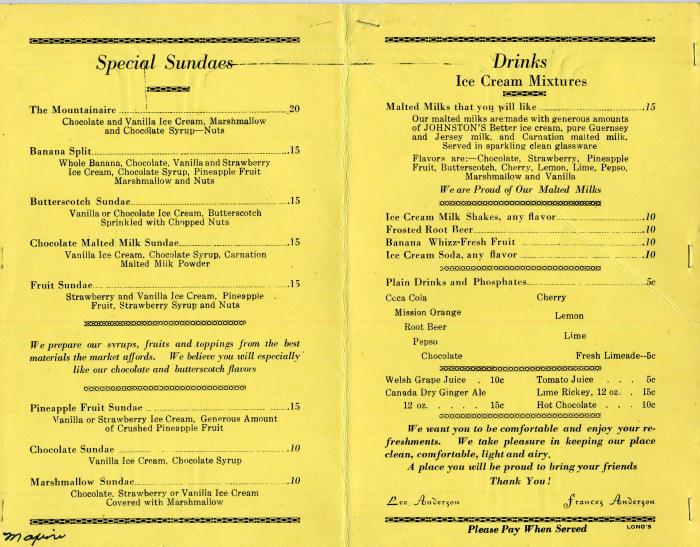 Anderson Drug Store Fountain Menu Fort Collins Colorado