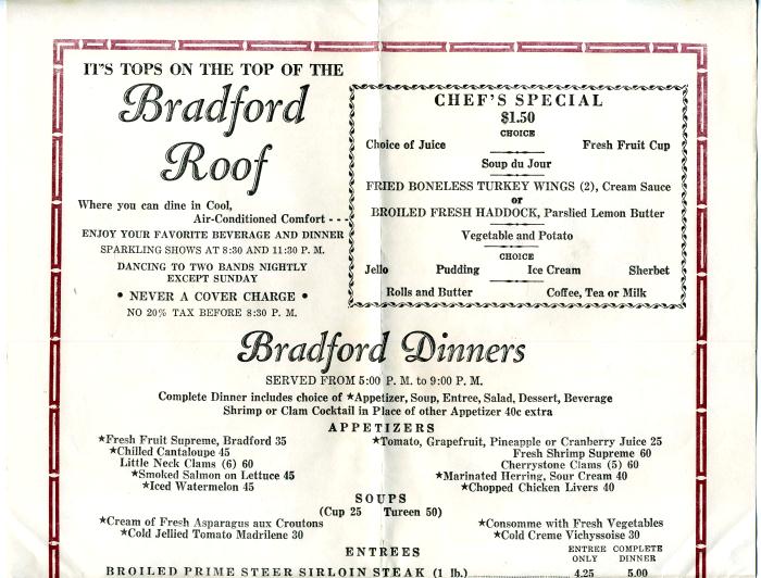 bradford roof menu bradford hotel boston ma 1953