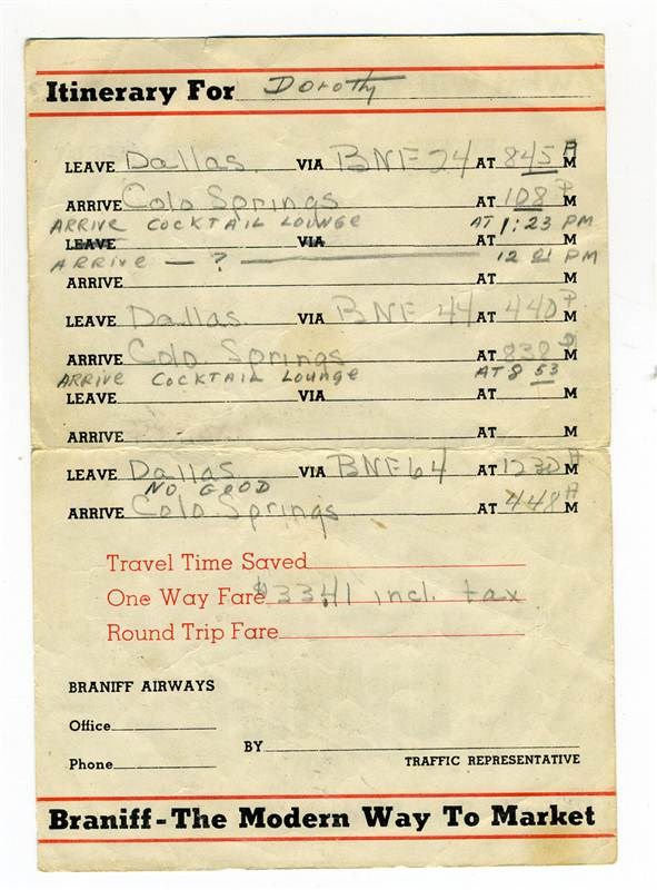 Braniff Airways Cost Sheet and Itinerary Form 21 Passenger B Liners 