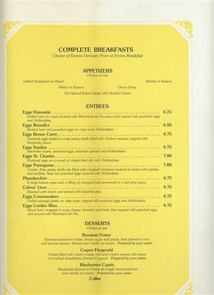 Breakfast at Brennans of Dallas Menu Dallas Texas 1970s  