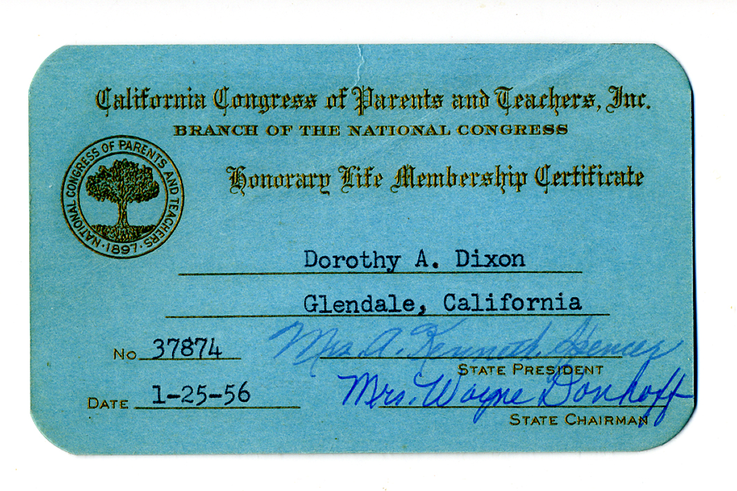 1956 California Congress Parent & Teachers Honorary Life Membership 