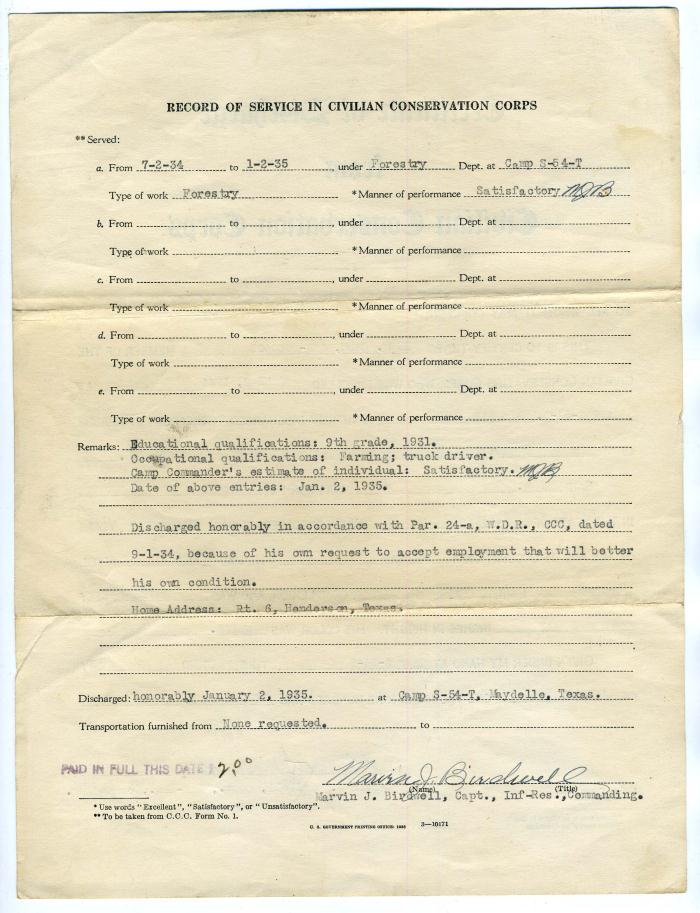 Civilian Conservation Corps Certificate of Discharge 1934 Camp S 54 T 