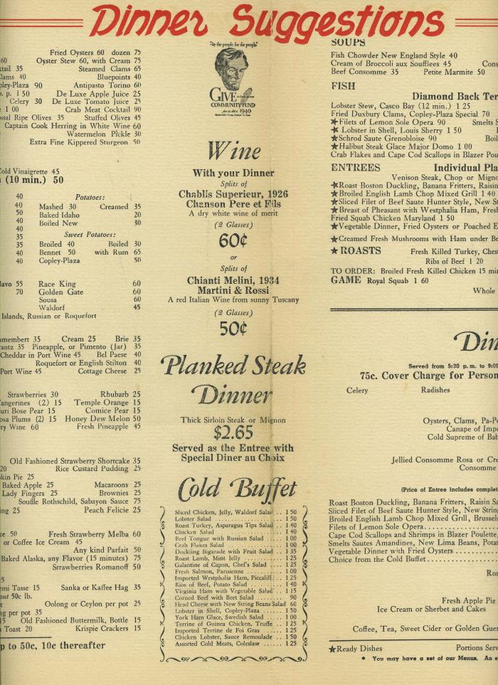 Copley Plaza Menu 1940 Britannia Frozen Boston Harbor