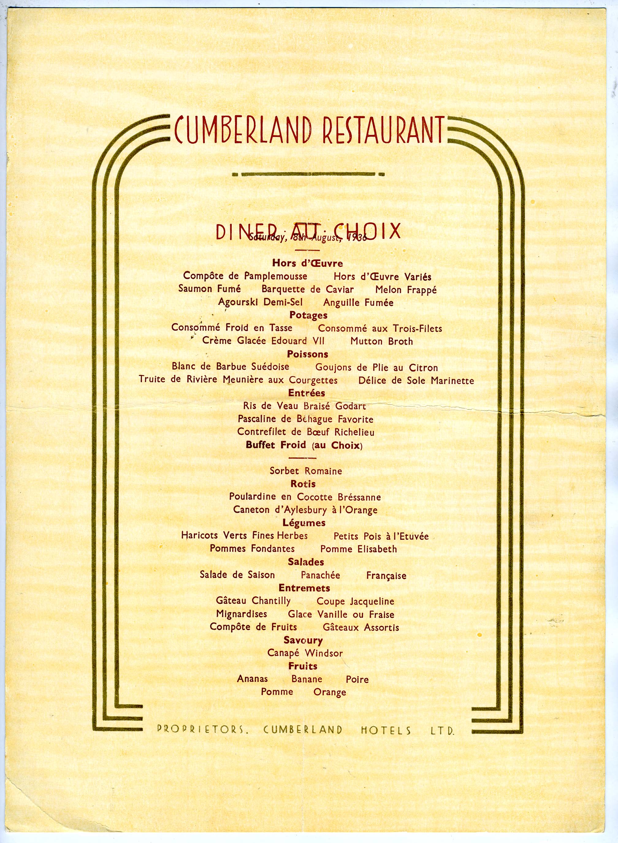 cumberland french restaurant menu 1936 cumberland ho