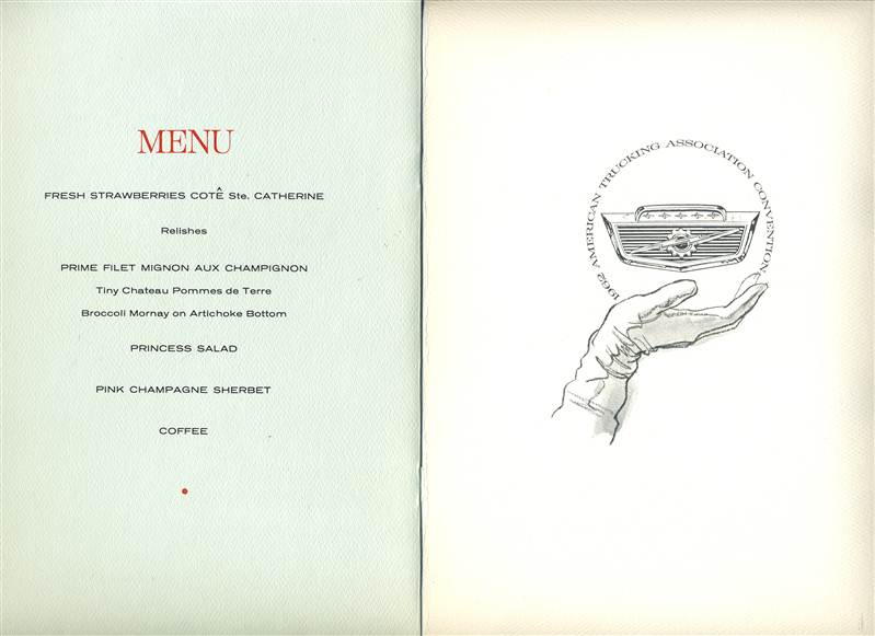  Trucking Association Lunch Menu Conrad Hilton Chicago 1962 Ford