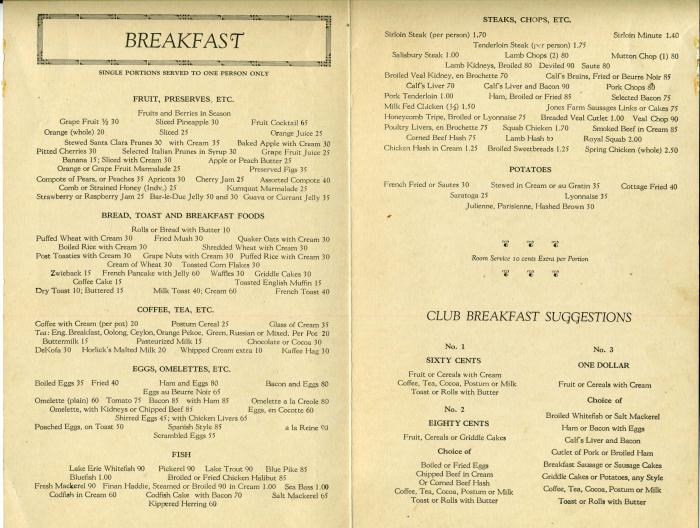 Hotel Cleveland Menu 1920s Brains Kidneys Tripe