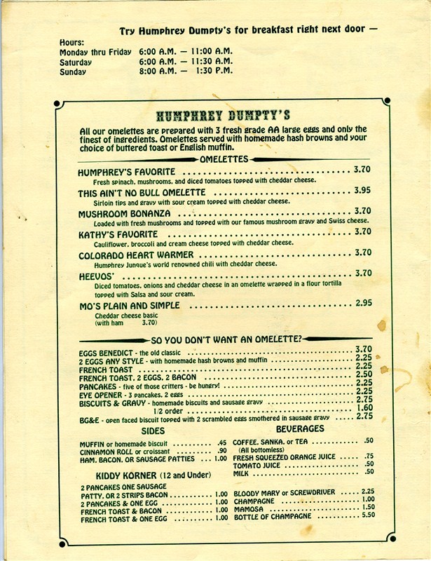 Junques Saloon Menu Broomfield Colorado Humphrey T Junque Proprietor 