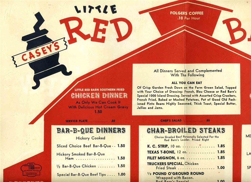 Casey S Little Red Barn Menu Abilene Texas 1961 Folger S Coffee By