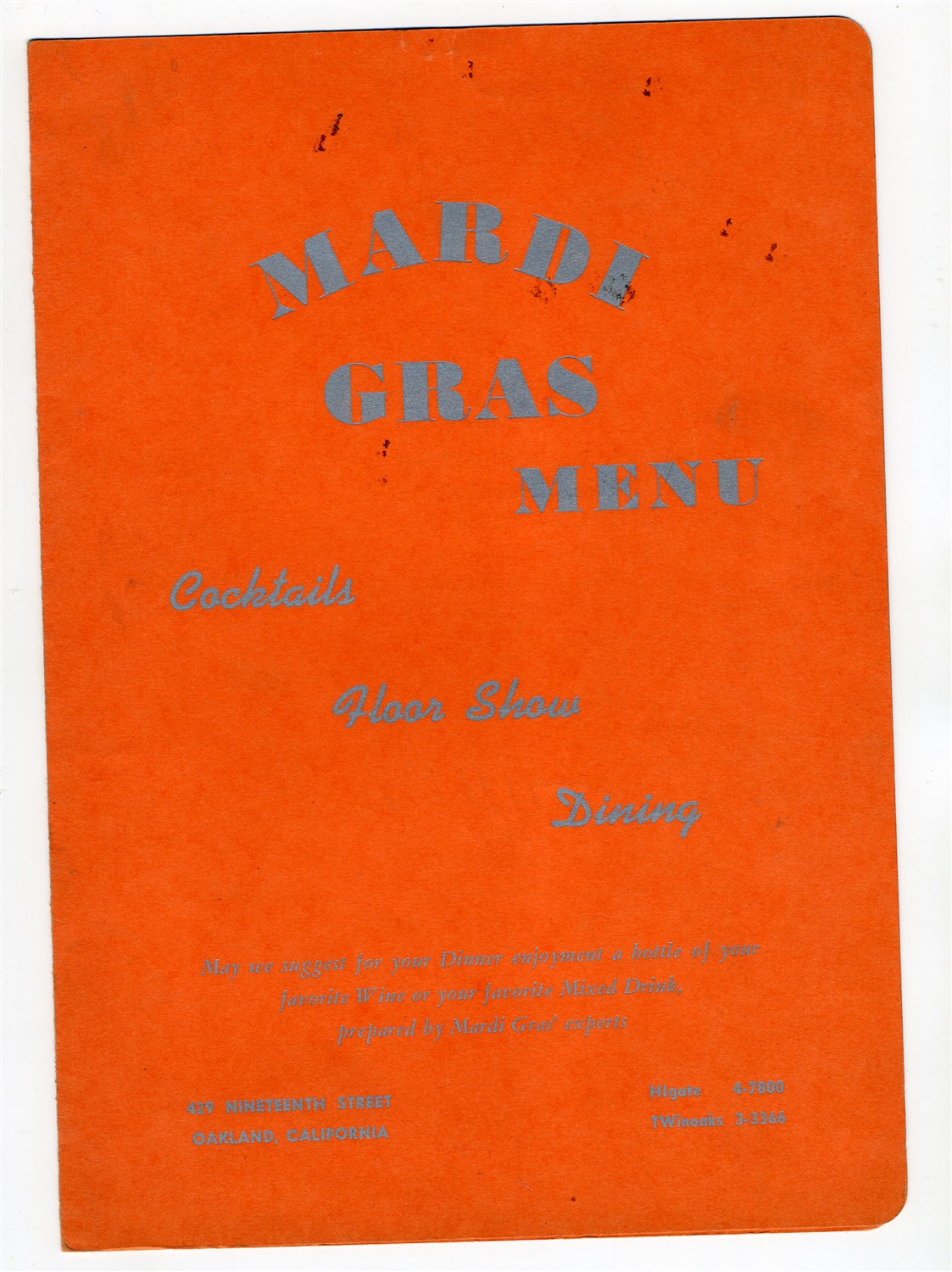 Mardi Gras Menu Oakland California 1940s Floor Show Dining Cocktails