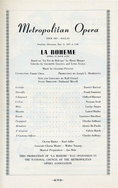 Metropolitan Opera Program Dallas Texas 1957 Munsel Ritchard