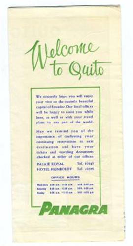 PANAGRA Welcome to Quito Brochure with Map Quito Ecuador 1950s