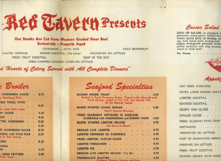 The Red Tavern Menu Methuen Massachusetts 1950S