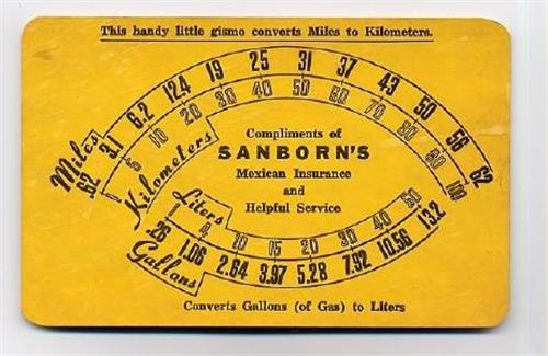 Sanborns Dollar Converter Miles to Kilometers Liters to Gallons Card