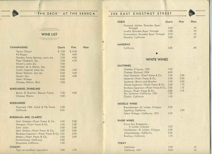 The Deck at the Seneca Hotel Wine List Chicago 1930s  