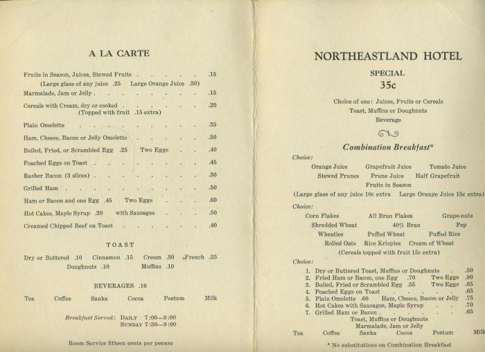 The Northeastland Hotel Menu Presque Isle Maine 1940S