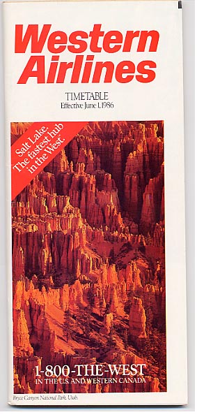 Western Airlines Schedule June 1986 Timetable Salt Lake